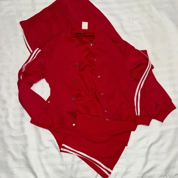 ChicMe Red 3 Piece Tracksuit Set Bomber Jacket Tank Top Joggers Stripes Size XL - Picture 8 of 11